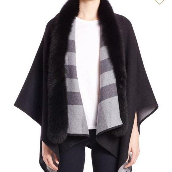 BURBERRY BLACK & GRAY LARGE CHECK REVERSIBLE FOX FUR TRIM CHARLOTTE PONCHO CAPE